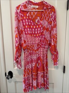 Pink & Orange Printed Long-Sleeve mini Dress by Walker & Wade